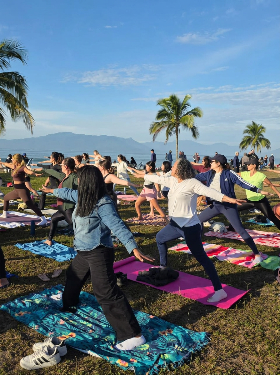 Turma comunitária praticando Yoga diante do mar em Caraguatatuba